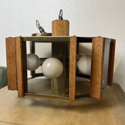Mid Century Modern Fredrick Ramond Brass Wood Glass Ceiling Light
