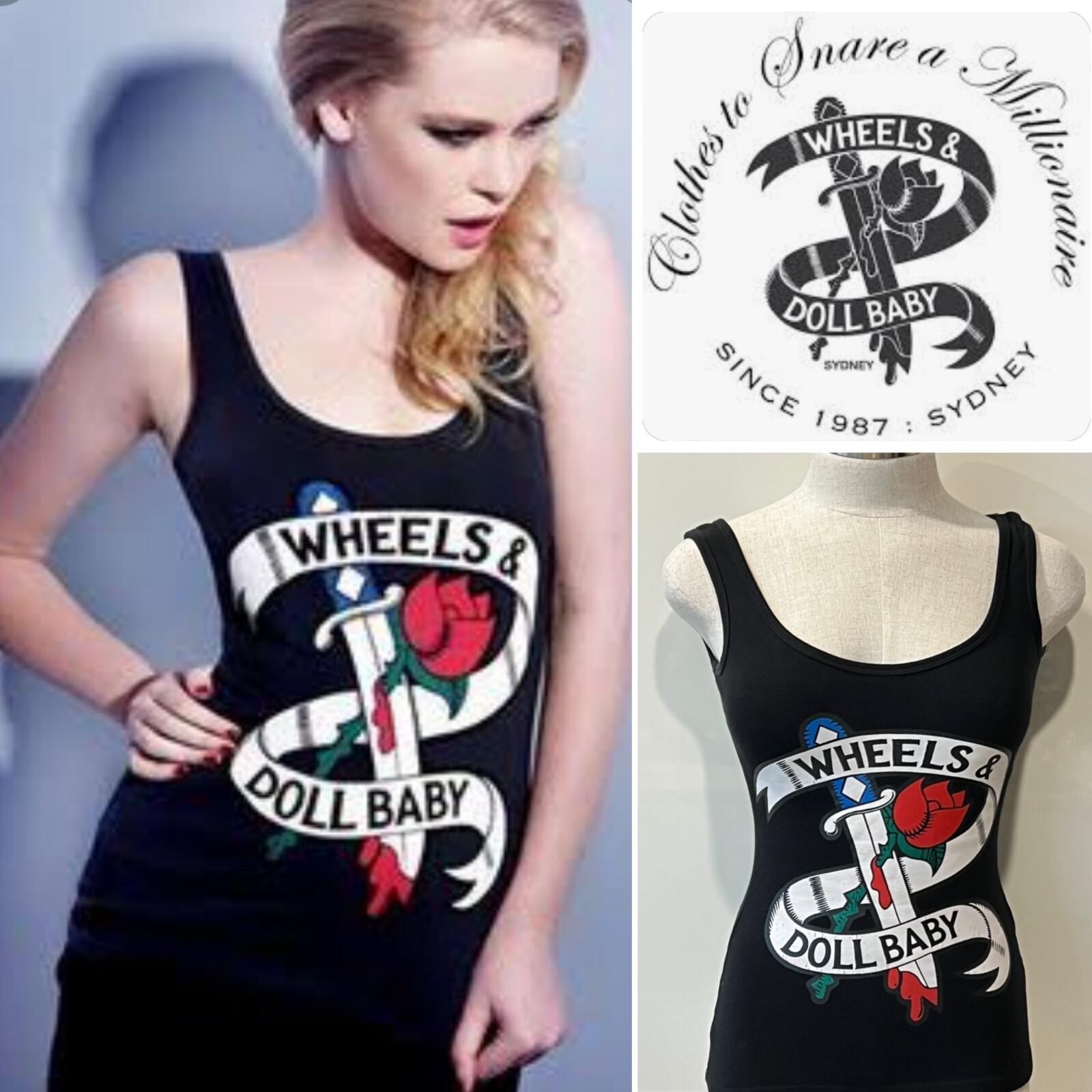 WHEELS & DOLLBABY Black Stretch Knit Logo Red Rose & … Gem