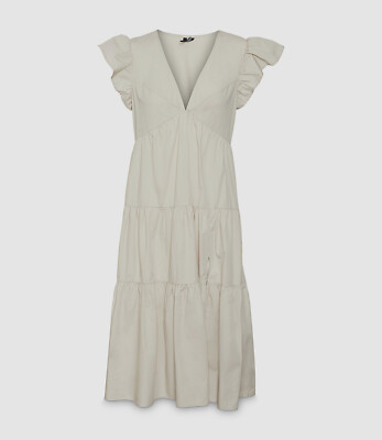 $75 Vero Moda Women's Gray V-Neck Tiered Ruffled Slit A-Line Dress Size Medium