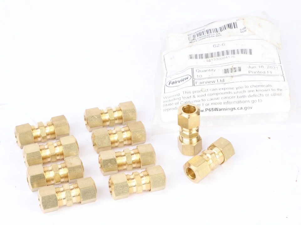 10-Pack Fairview 62-6 Brass Tube Fitting, 3/8" Tube OD x 3/8" Tube OD - Image 4 of 4