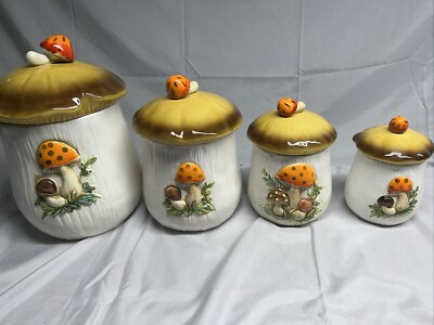 #ad #ad Vintage Sears And Roebuck Merry Mushroom Ceramic 4 Piece Canister Set w Flaws $201.00