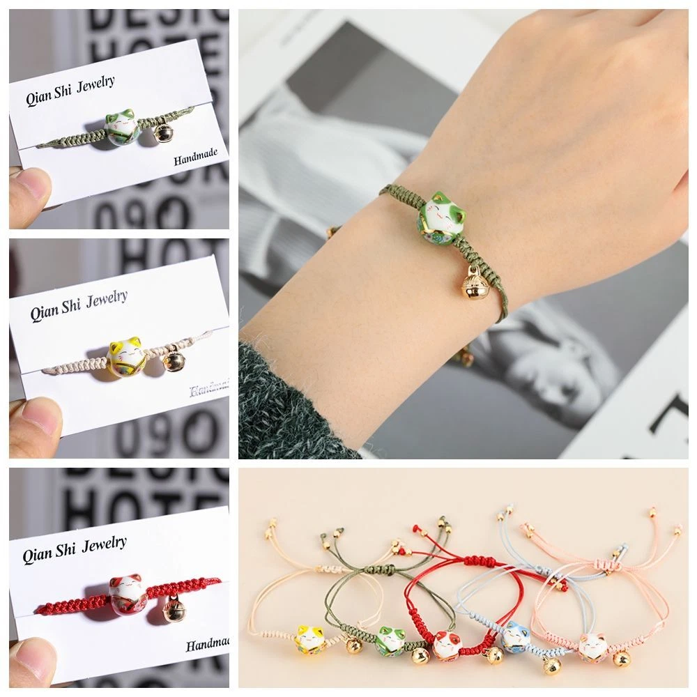 Women Girls Lucky Cat Ceramic Bangles Bracelets Rope Beads eBay
