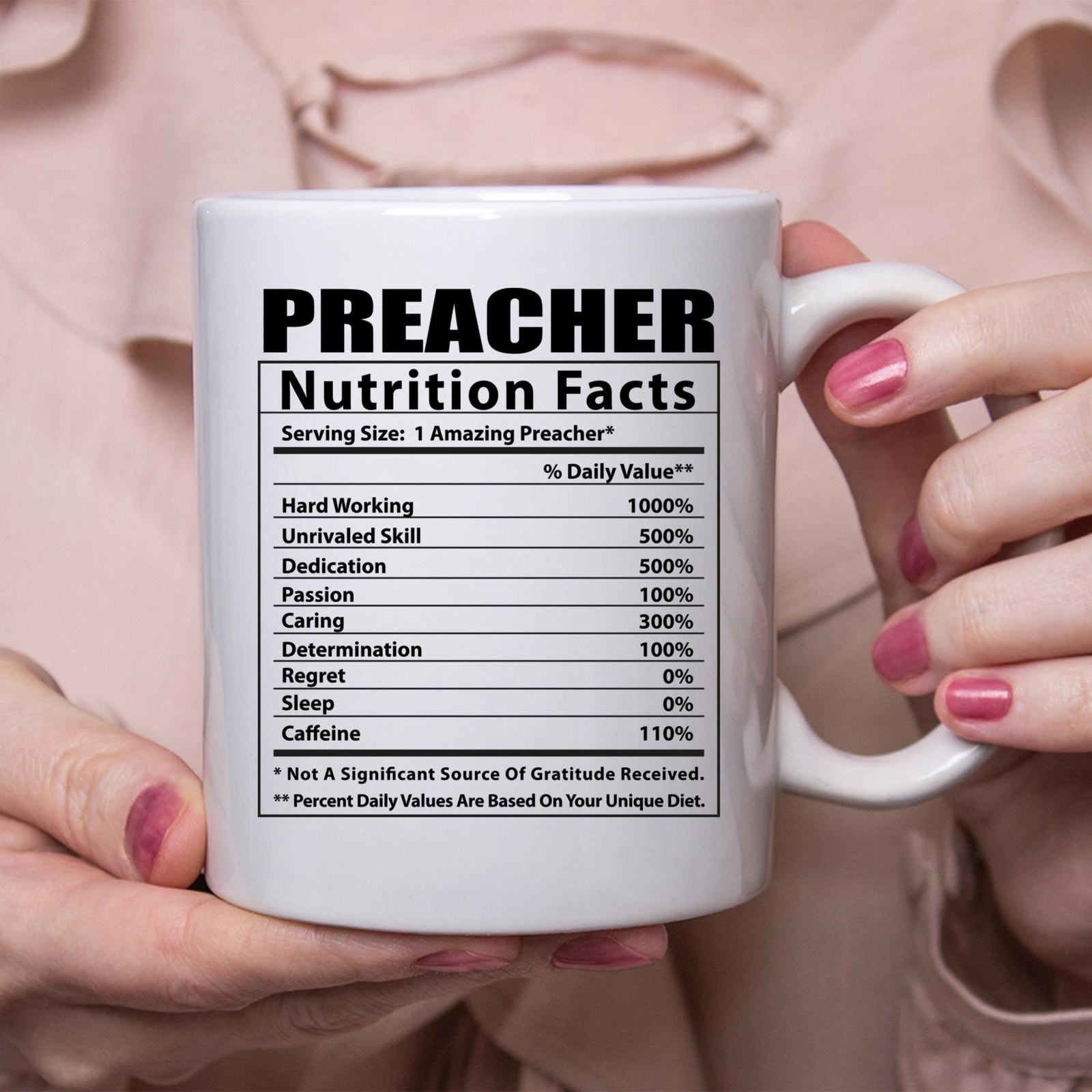 Funny Preacher Nutritional Facts White Coffee Mug for Humor Lovers