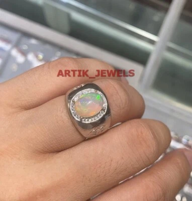 Natural Opal & CZ Gemstone with 925 Sterling Silver Ring for Men's #206 - Image 1 of 4