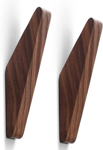 Pack of 2, Minimalist Design, Black Walnut Wood Natural Wooden Coat Hooks, Wall