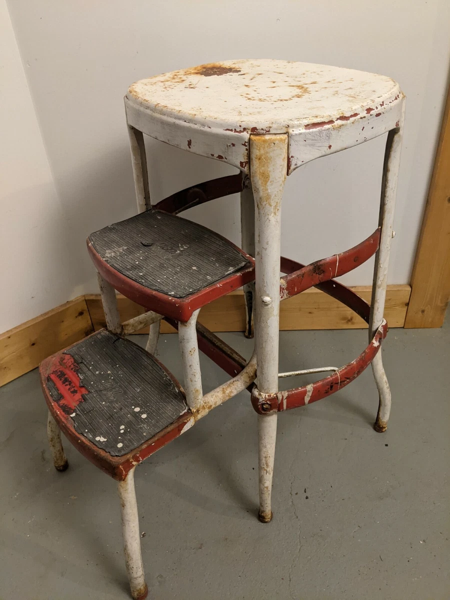 Vintage Cosco Red White Kitchen Step Stool Ladder Seat w fold out Steps