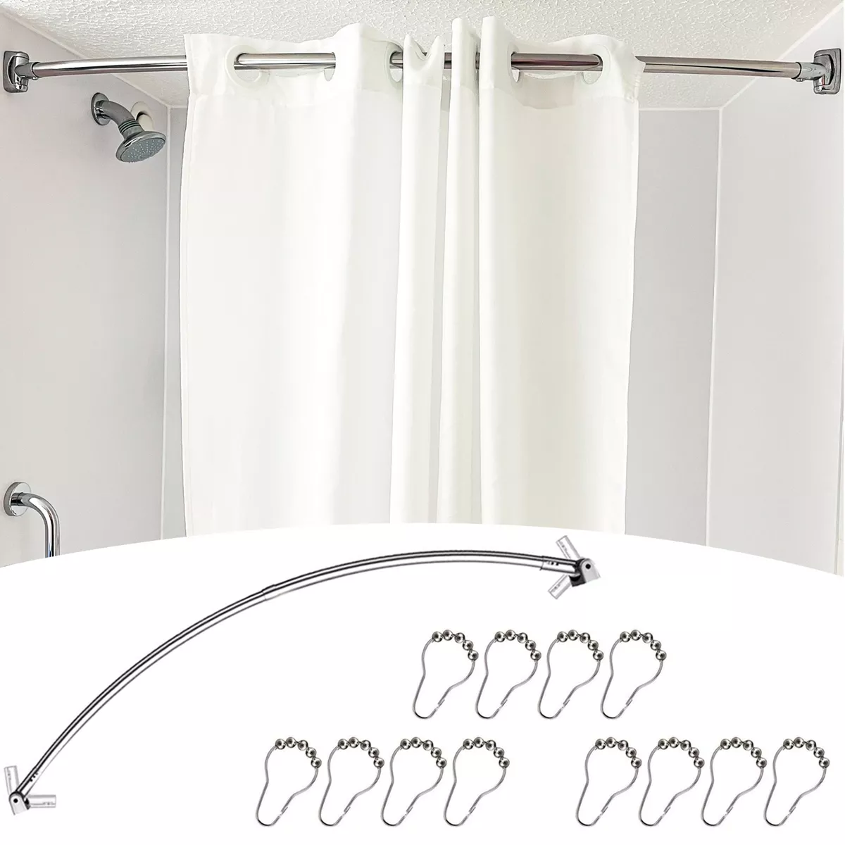 S/S STEEL EXTENSIBLE CURVED SHAPED SHOWER CURTAIN ROD RAIL & 12