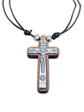 Collier pendentif croix de Nazareth AΩ crucifix en bois métal 2" cordon réglable