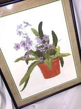 Framed Floral Watercolor Sandra Tommelia 1970's Signed MCM Matted Framed Purple