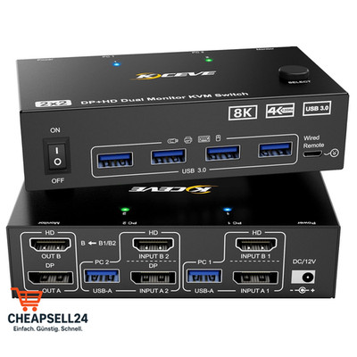 KVM Schalter 2 Monitore 8K HDMI DisplayPort USB 3.0