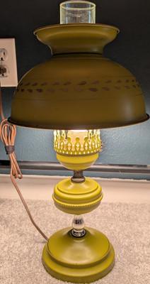 Vintage Avocado Green Tole Oil Lamp Style Electric Table Lamp 1960s-70s MCM