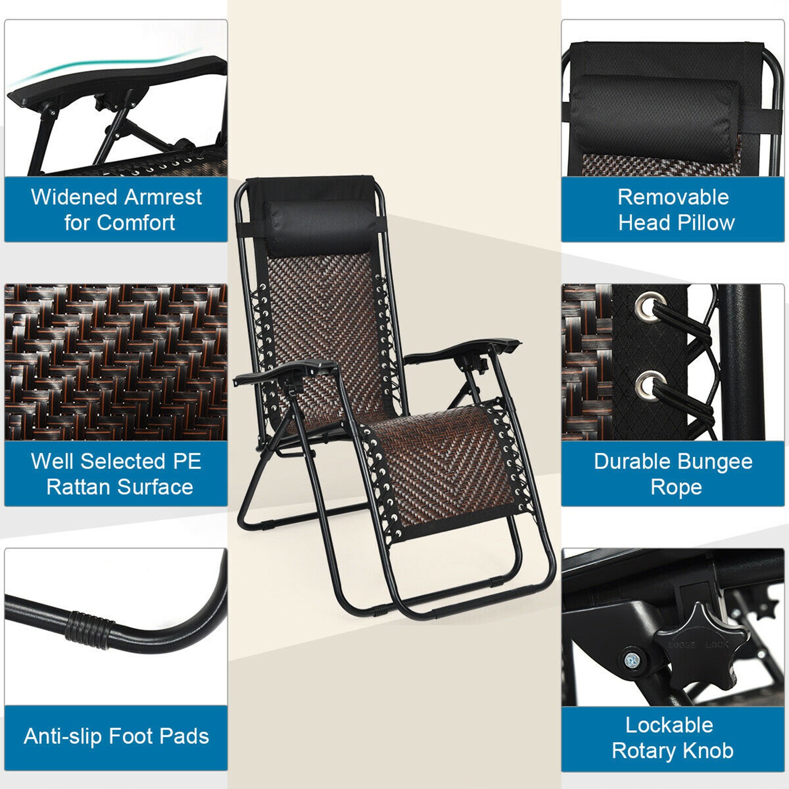 Set of 2 Folding Rattan Patio Zero Gravity Lounge Chair Recliner