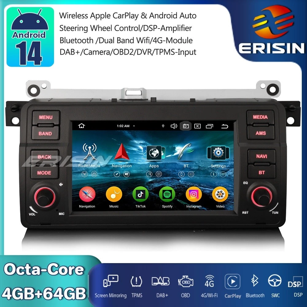 Erisin Autoradio Android 14 GPS 7 Pollici Per Alfa Romeo 159/Brera/Spider - 8 Core 4+64GB, CarPlay Wireless, DSP, DAB+ - 3