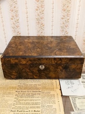 Antique Victorian Walnut Burl Wood Writing Slope w/ Key & Ink Wells - c1860s 70s