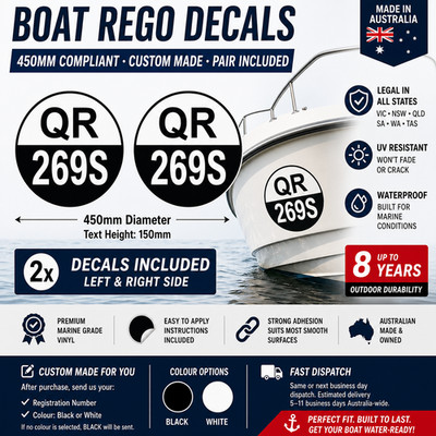 2x Boat Rego Stickers Vinyl Decal Round 450mm High-Quality Compliant ...