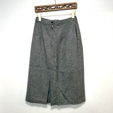 Vintage Marcye Ross 100 Wool Classic Tweed Gray Slit Front Midi Skirt Size 14