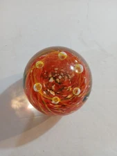 Vintage Art Glass Paperweight Yellow/Red Handblown With Bubbles And Swirls