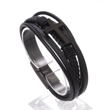 Men's Black Cross Braided Leather Stainless Steel Bracelet Wristband Bangle Gift