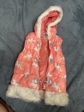 Little Lass Girls Puffer Vest 6X Hooded Pink Unicorn Fur Trim Zip