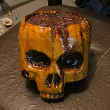 Handmade Hand-Carved Wooden Skull Sculpture Decor Collectible, Resin Coated