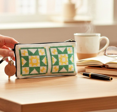 Handmade Needlepoint Cosmetic Bag   Geometric Quilt Block Design   6'' Wristlet
