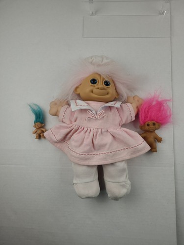 Vintage Troll Lot Russ 13" White Hair Troll Doll in Pink Dress Hat Pink Blue