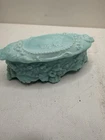 Vintage Fostoria  Jenny Lind Aqua Milk Glass Cameo Trinket Box Circa 2”x4.75”