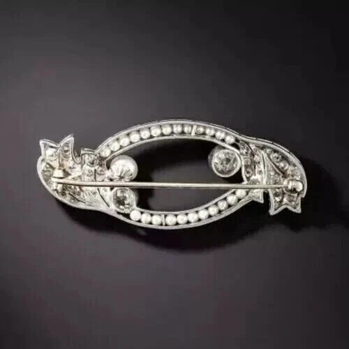 Broche prendedor 3 quilates corte redondo perla simulada mujer hombre acabado oro blanco 14K Foto 3 de 4