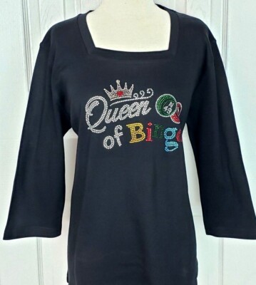 Plus 1X 2X or 3X 3/4 or SS V or Square Neck Rhinestone Queen of Bingo Top