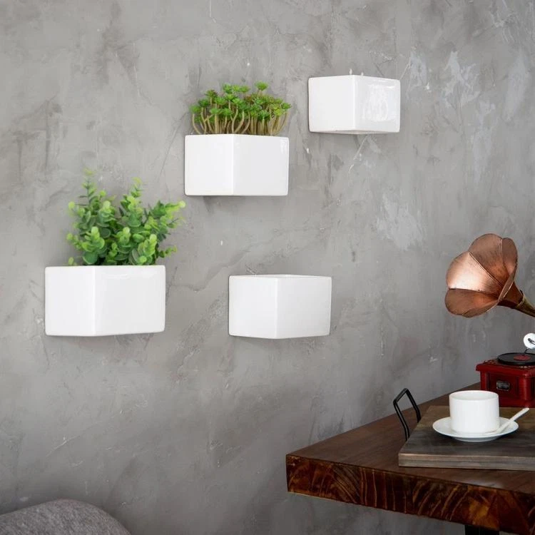 White Modern Ceramic Square Wall Hanging Succulent & Herb Planter Box, Set of 4 - Image 4 of 4