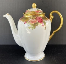 Royal Chelsea Golden Rose Footed Coffee Pot Heavy Gold