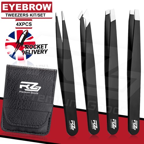 Tweezers Set 2-3-4 Piece Professional Stainless Steel Eyebrow Hair Pluckers Case - Picture 9 of 9