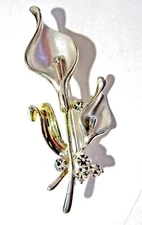 PIN BRUSHED SILVER TONE CALLA LILY FLOWER LARGE RHINESTONES FANCY MODERN