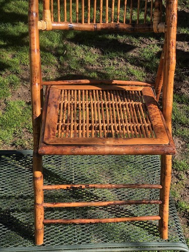 VTG Boho Chic Tortoise Shell Bamboo Rattan Fold-Up Dining Chair 34” X 18” - Picture 20 of 24