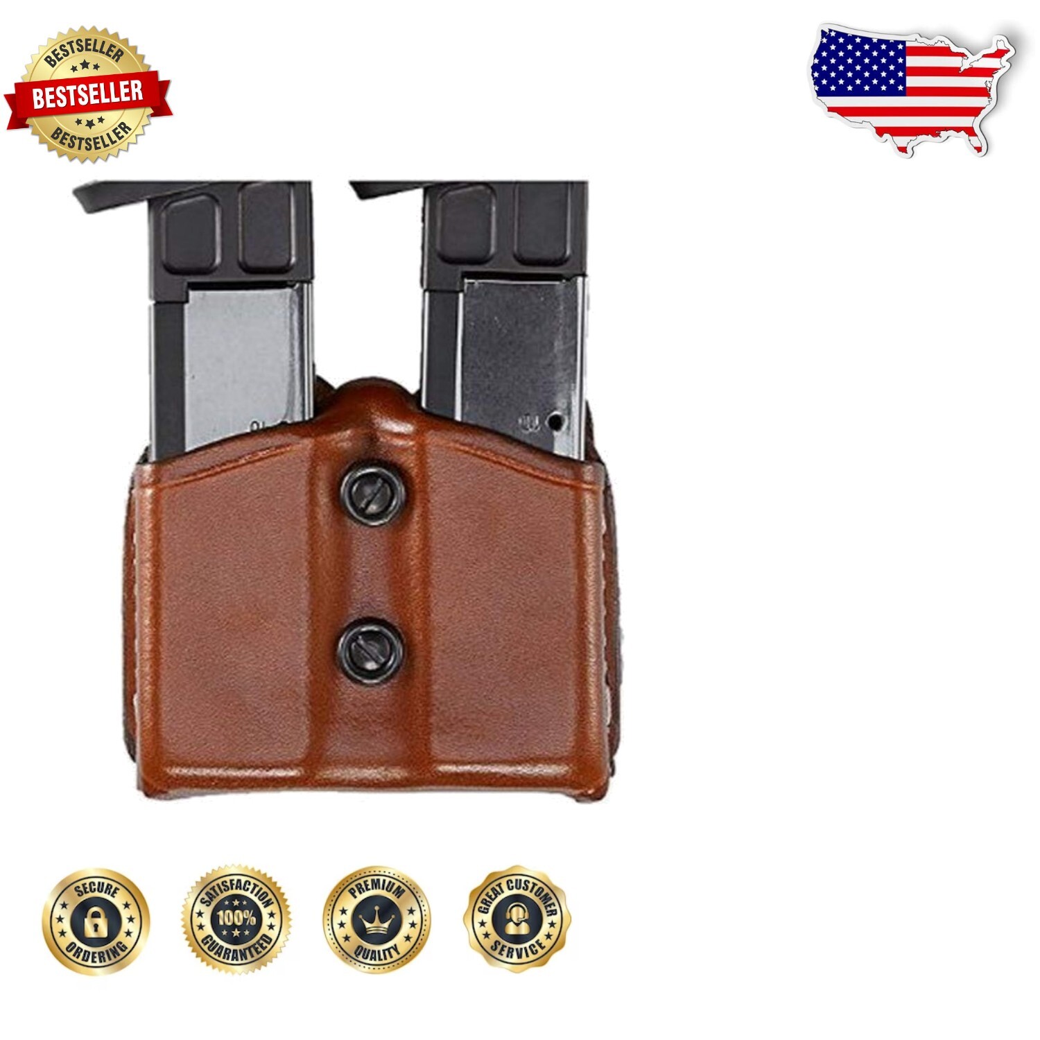 Premium Tan Leather Double Magazine Pouch for Glock 21 - Secure Snap Closure-image