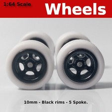10mm/10mm Black rims 5 spoke White rubber tire set for Hot Wheels