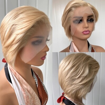 Ash Blonde Pixie Cut Wig Short Bob Straight Lace Front Human Hair Wig for Women