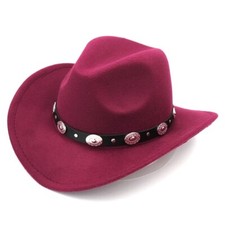 Red, Maroon Western Cowboy Cowgirl Hat, Black  Silver Strap Men Women Wide Brim
