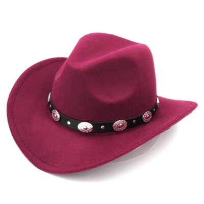 Red, Maroon Western Cowboy Cowgirl Hat, Black Silver Strap Men Women Wide  Brim