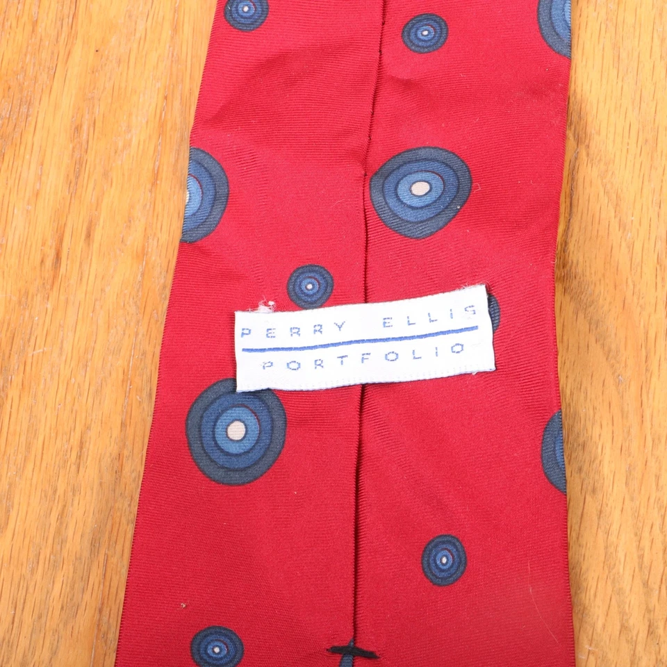 Perry Ellis красный с синими кругами винтажное повседневное платье шеи галстук 100% шелк - Изображение 4 из 4