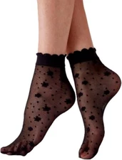PRETTY POLLY NPAYQ4 SHEER FLORAL ANKLE SOCKS BLACK OS NWT