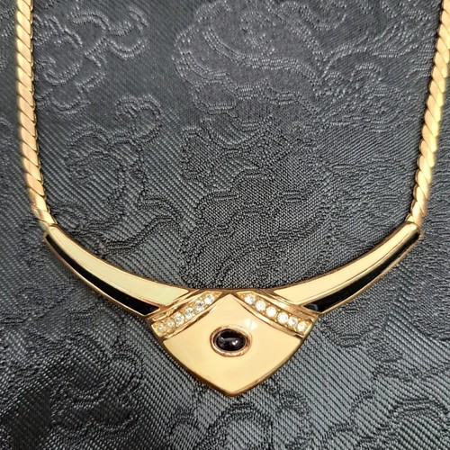 Vintage Christian Dior 80s Art Deco Rhinestone Enamel Gold Tone Necklace Choker - Picture 7 of 9