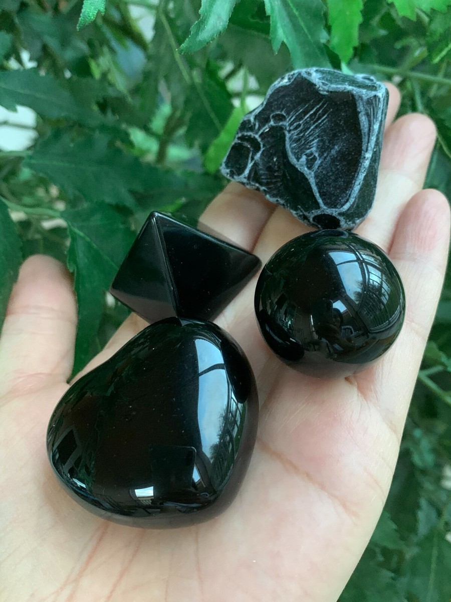 Black Obsidian Collection,4 Shapes of Black Obsidian(Heart,Pyramid