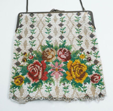 Vintage Beaded Purse White w/Flowers 9"