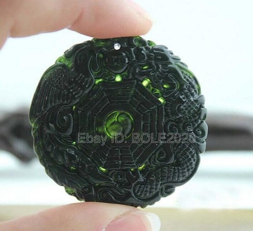 Natural Black Green Jade Carved Chinese BaGua Lucky Pendant + Rope Necklace - Picture 5 of 25