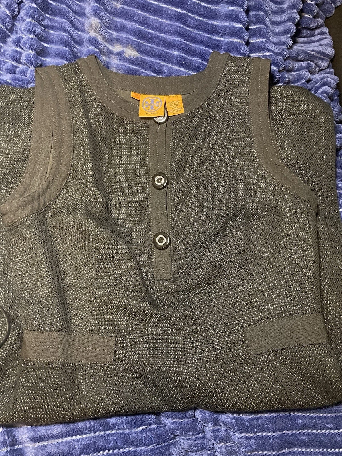 Abito TORY BURCH ""Corpo"" cotone tweed bottoni accento turno 8 nero prezzo al dettaglio $498