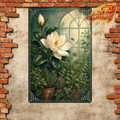 Lush Greenhouse Floral Illustration Deep Green Bloom Metal Tin Sign