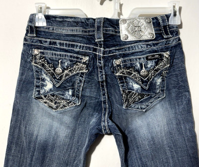 Miss Me Jeans Mid Rise Easy Crop Distressed Embellished Womens Size 27 Bling