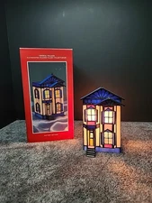 Vintage 1994 Crystal Village Lighted Stained Glass White House Blue Roof w/Box