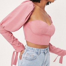 Nasty gal puff sleeve corset crop top pink size 10 new with tags